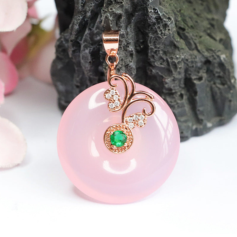 Rose Gold Necklace with Butterfly Pendant Featuring Natural Pink Chalcedony