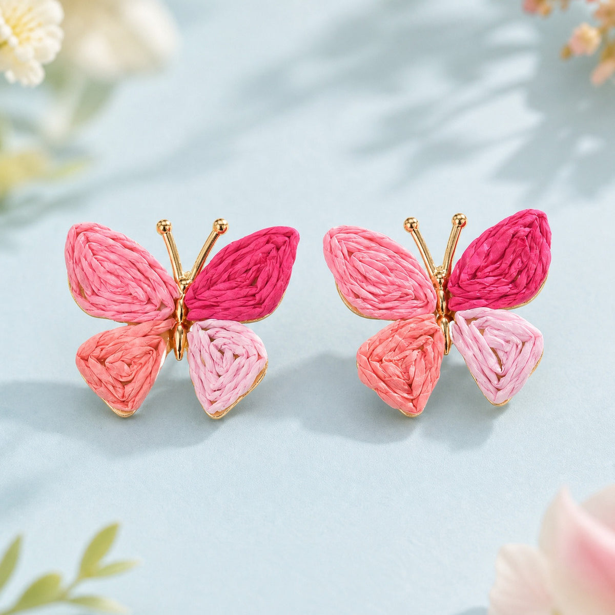 Shein Bohemian Vacation Wind Ears Hand-Woven Pink Rafite Earrings