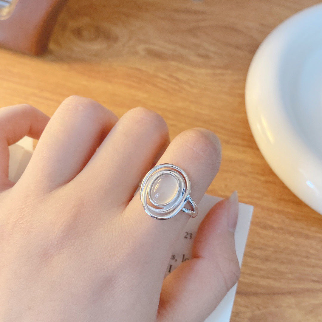S925 Sterling Silver Natural Chalcedony Ring — Adjustable