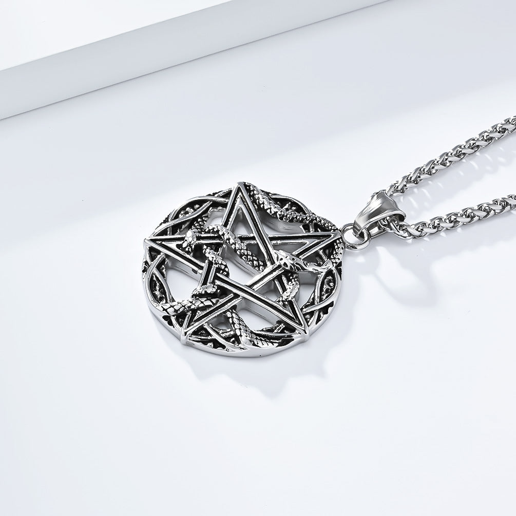 Planderful Pentagram Necklace Titanium Steel With Python Wrapped For Gothic Punk Lovers
