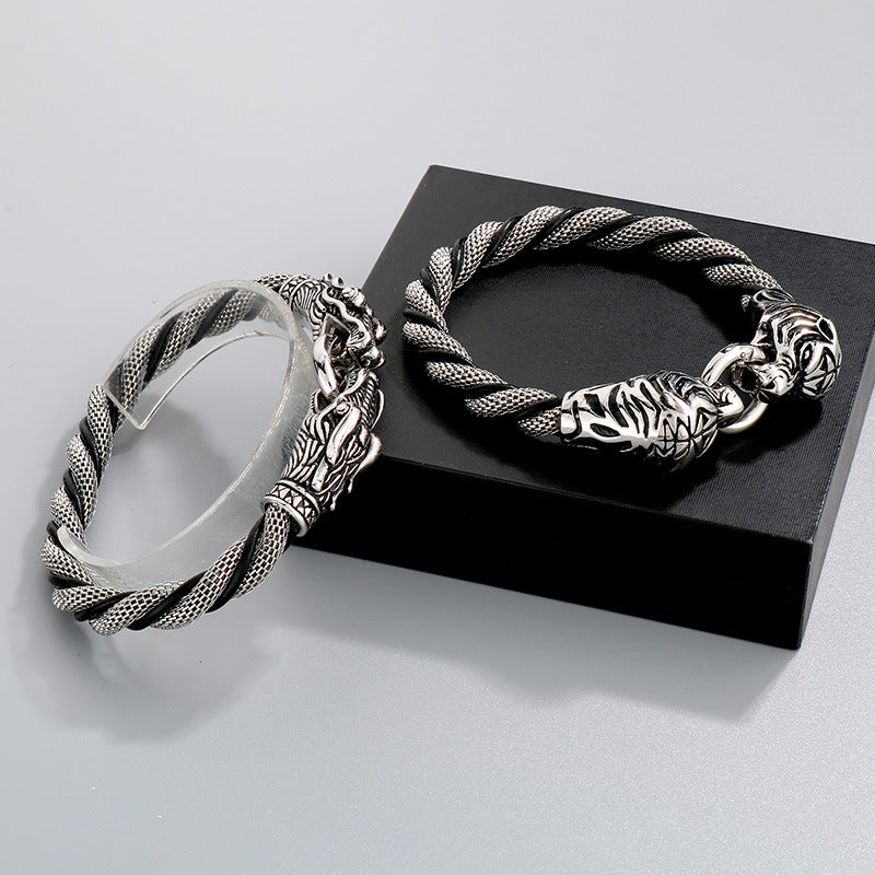 Antique Zodiac Leather Rope Bracelet – Leader Tiger Head Anchor Titanium Steel Men's Leather