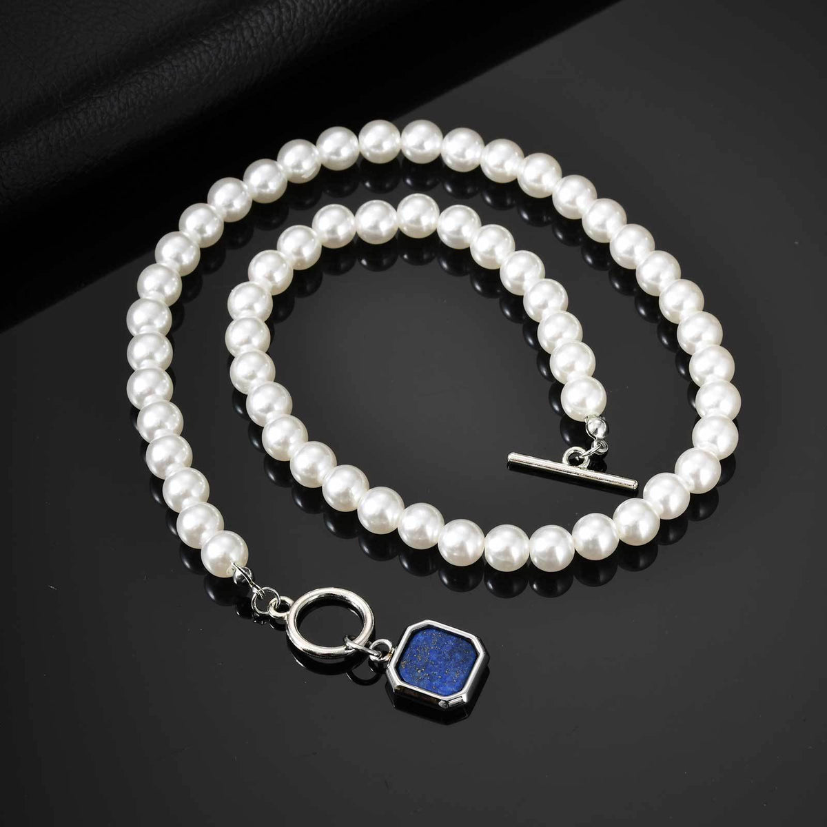 Stainless Steel Kusa Lapis Lazuli Square Pendant Imitation Pearl Necklace Steel Color