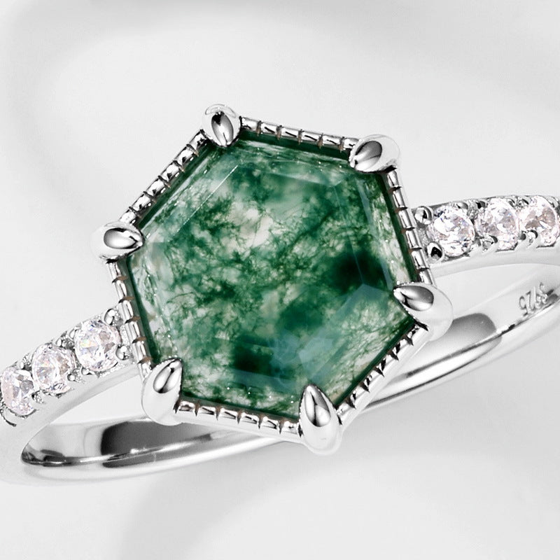 Planderful Jewelry Green Moss Agate Ring In Sterling Silver S925 Elegant Everyday Wearable Gem