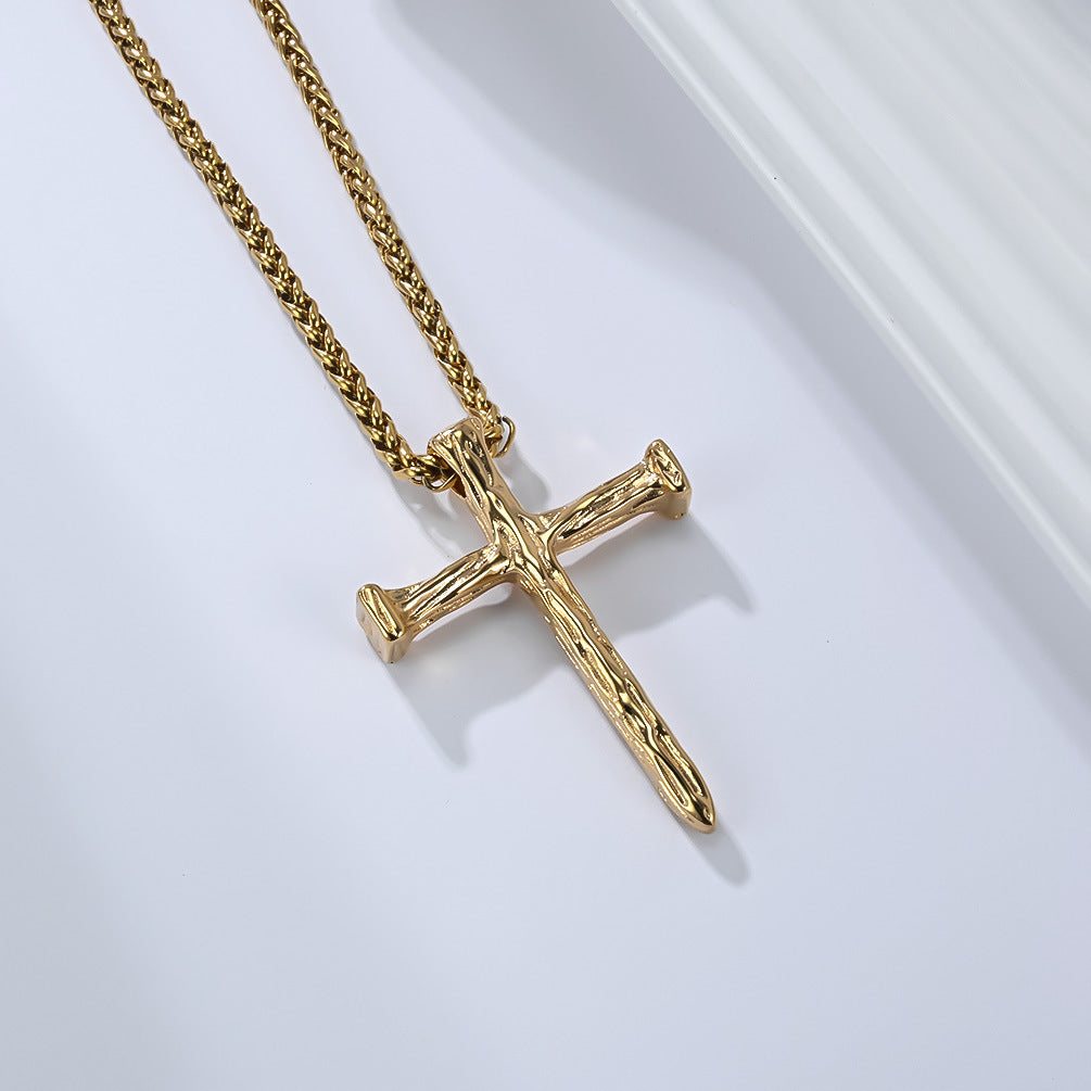 Planderful Titanium Steel Cross Necklace For Men With Wood Grain Imitation Retro Durable Stainless Pendant