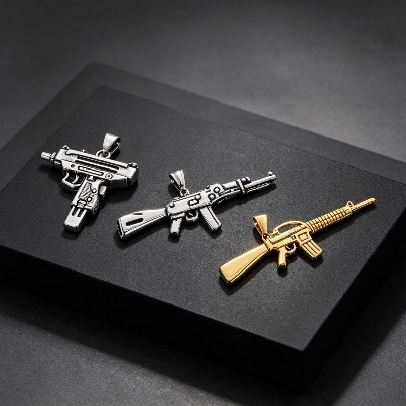Hip Hop Street Hardcore Military Wind Submachine Gun Shape Pendant Punk Gi Stainless Necklace