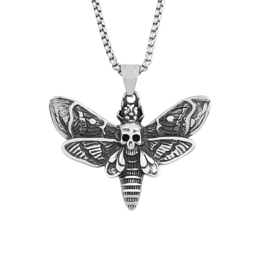 European And American Men's Fashion Jewelry Wholesale Stainless Steel Retro Moth Skull Pendant Necklace