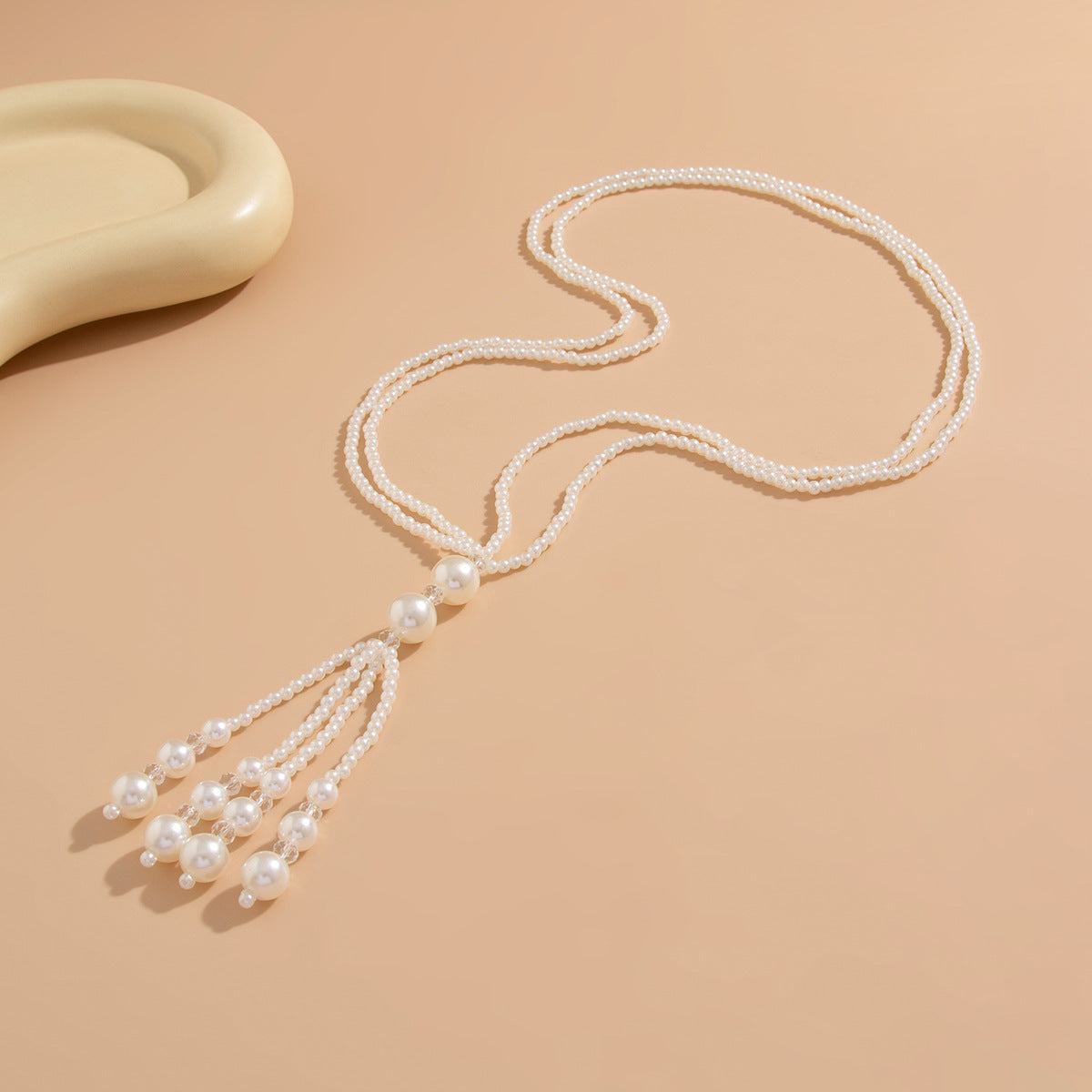 Layered Pearl & Crystal-Style Tassel Long Necklace
