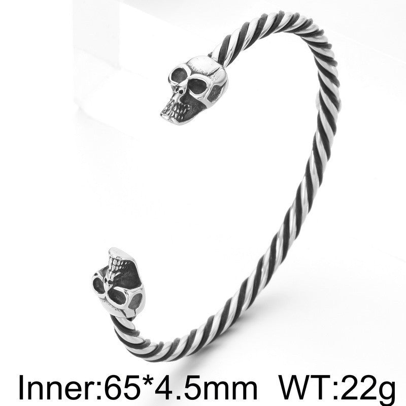Skull C-Shaped Bracelet – Viking Wolf Head Twist Twist Leather Rope Stainless Steel Men's