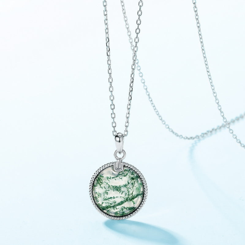 S925 Sterling Silver Moss Agate Round Pendant Necklace