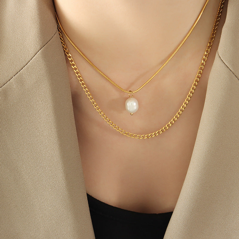 Layered Freshwater Pearl Sweater Chain Necklace with Irregular Pendant