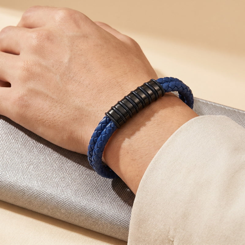 Blue/Black Leather Bracelet Double Layer Braided Microfiber Leather Stainless Steel