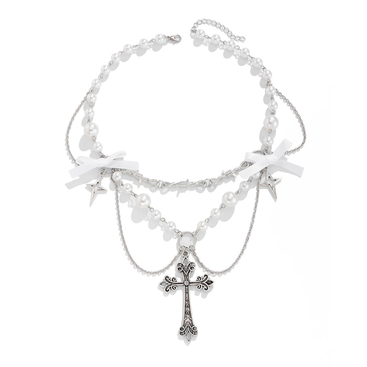 Bow, Cross & Pearl-Style Fringe Necklace