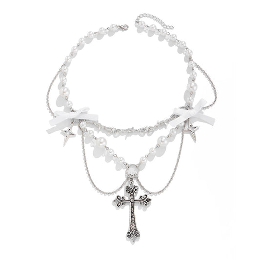 Bow, Cross & Pearl-Style Fringe Necklace