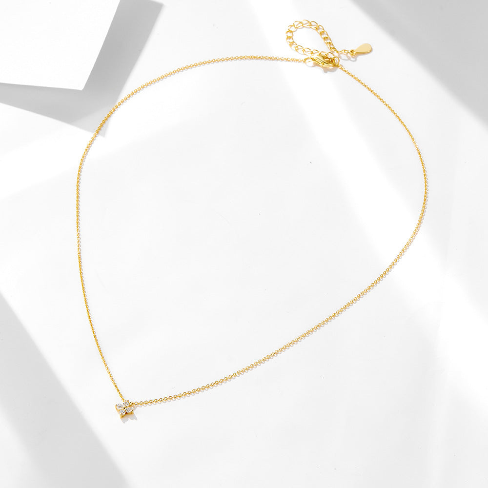 925 Sterling Silver Plated 14k Gold Inlaid Zircon Four-Leaf Clover Flower Pendant Necklace Daily