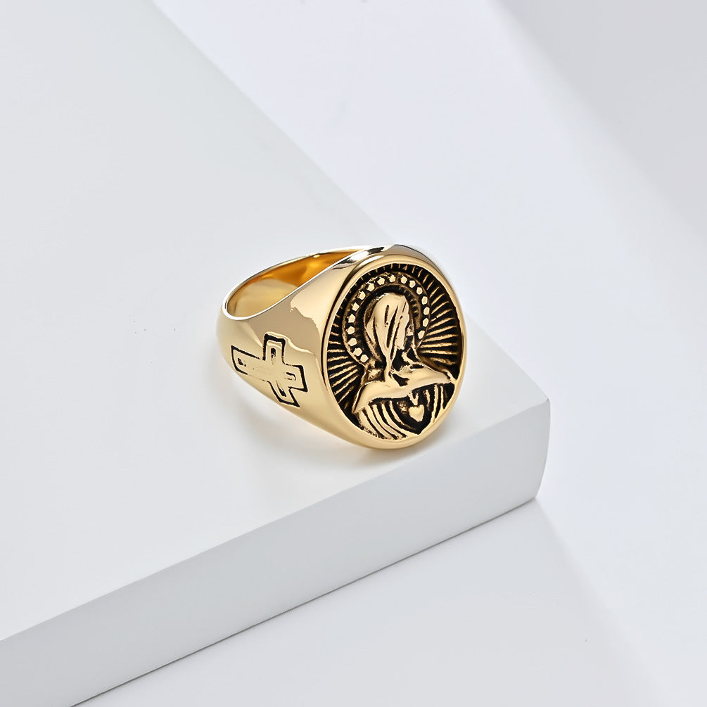Steel Ring – Vintage Virgin Mary Cross Design