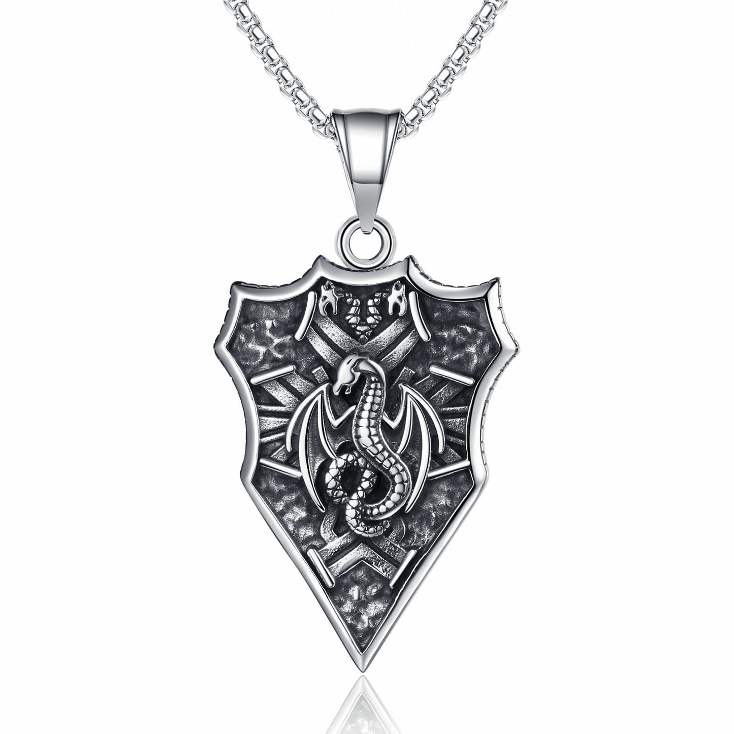 Steel Necklace - Statement Nordic Viking Dragon Shield Design For Hip Hop Fashion And Everyday Wear