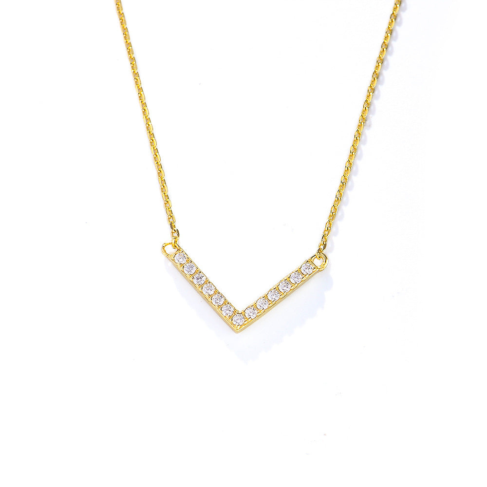 925 Sterling Silver V-Shaped Necklace And Three-Dimensional Full Zircon Pendant