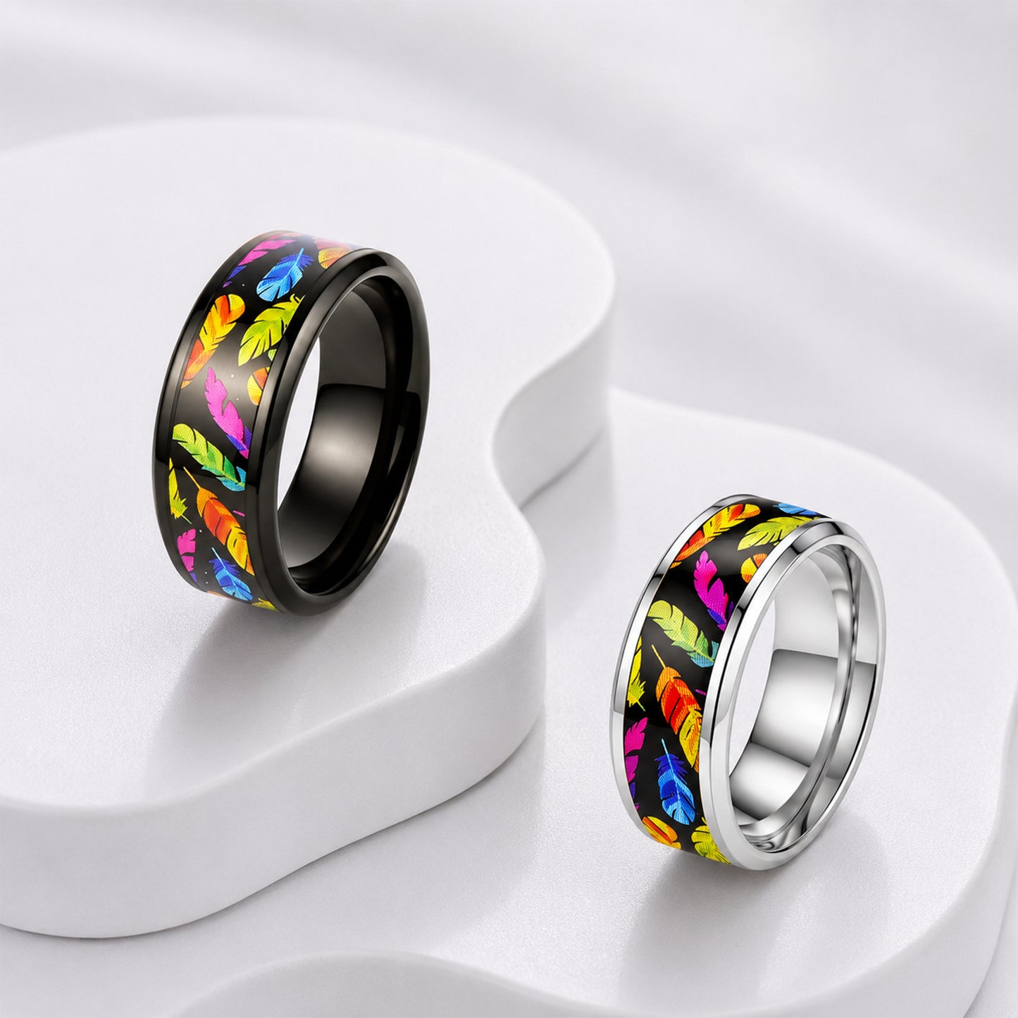 Rainbow Feather Patch Stainless Steel Ring By Planderful Everyday Genie Unisex Statement Jewelry For Bold Fashion Lovers