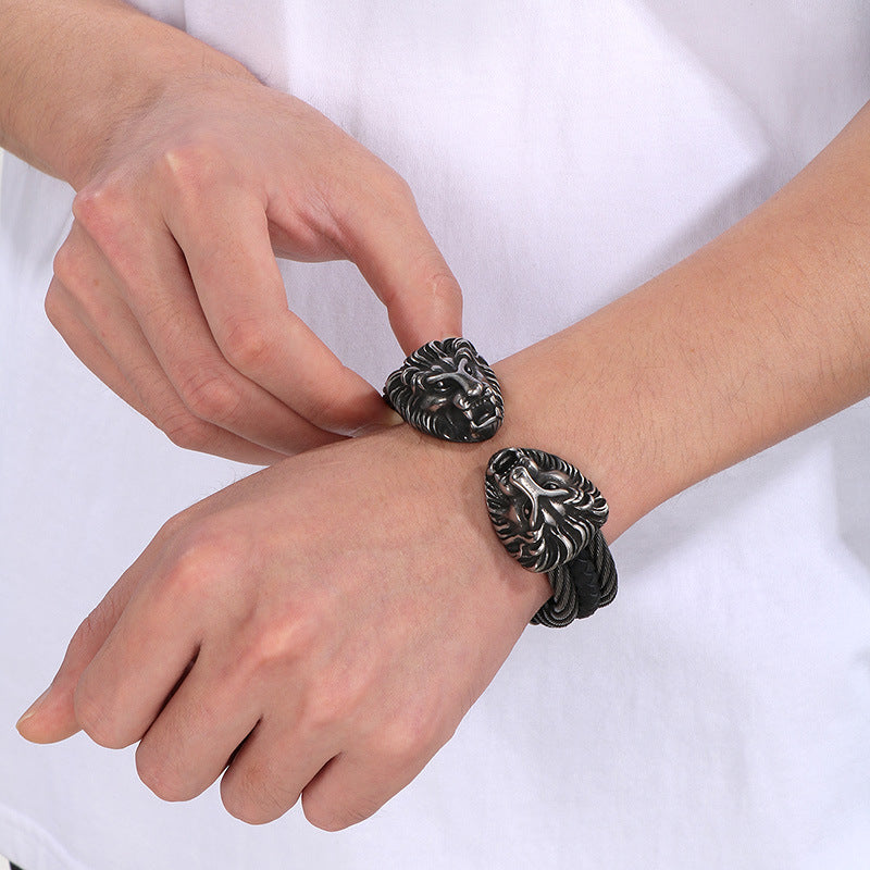Planderful Titanium Lion Head Leather Bracelet For Men