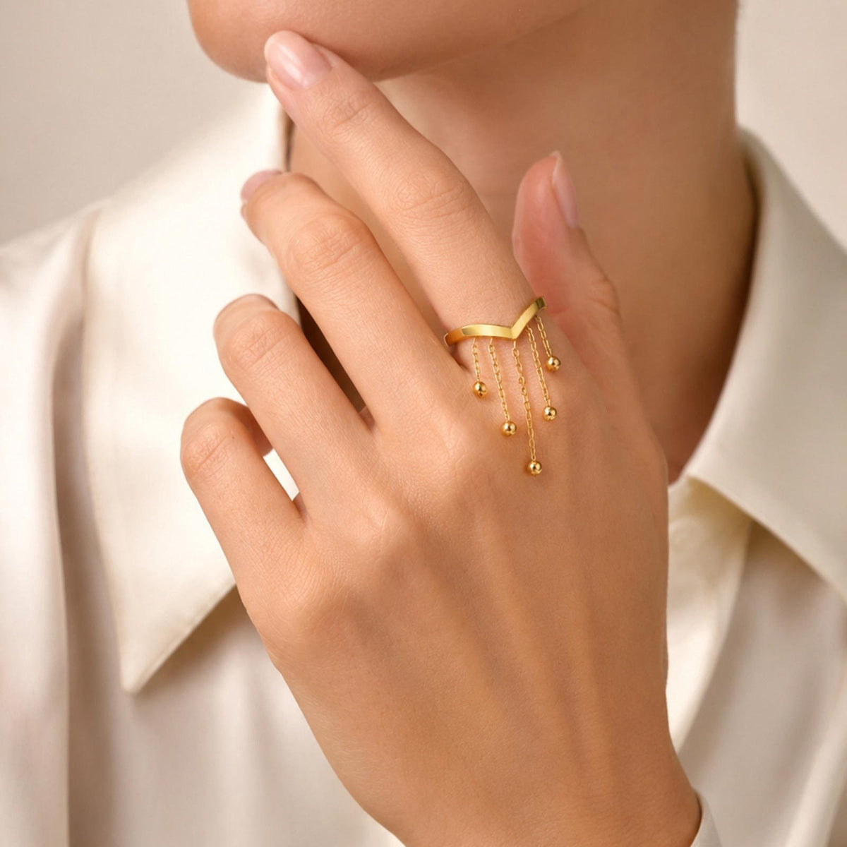 Ladies Open Ring Stainless Steel Gold V-Shaped Imitation Pearl Tassel Elegant