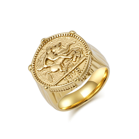 Planderful Hip Hop Knight Ring Stainless Steel Gold Plated For Men Durable Retro Style Jewelry