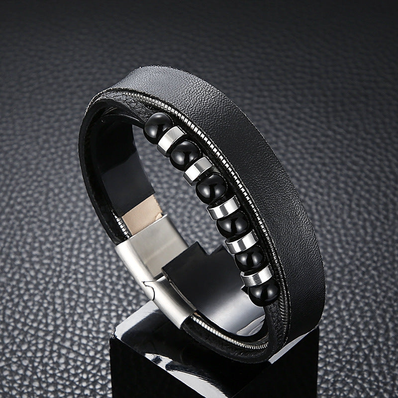 Planderful Genie Mens Leather Double Layer Bracelet