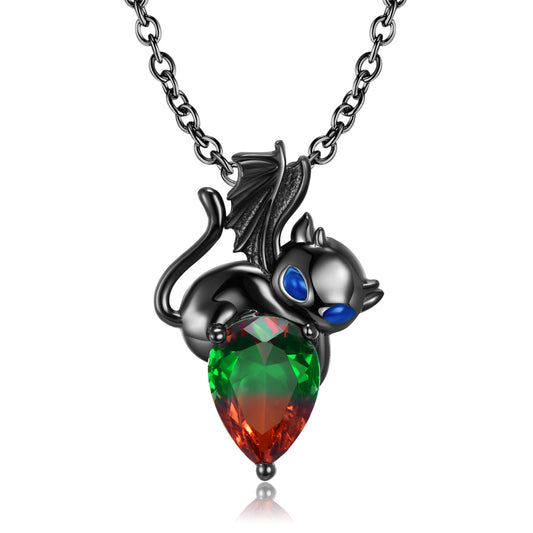 Black Evil Kitten Colourful Pear Shape Zircon Silver Necklace