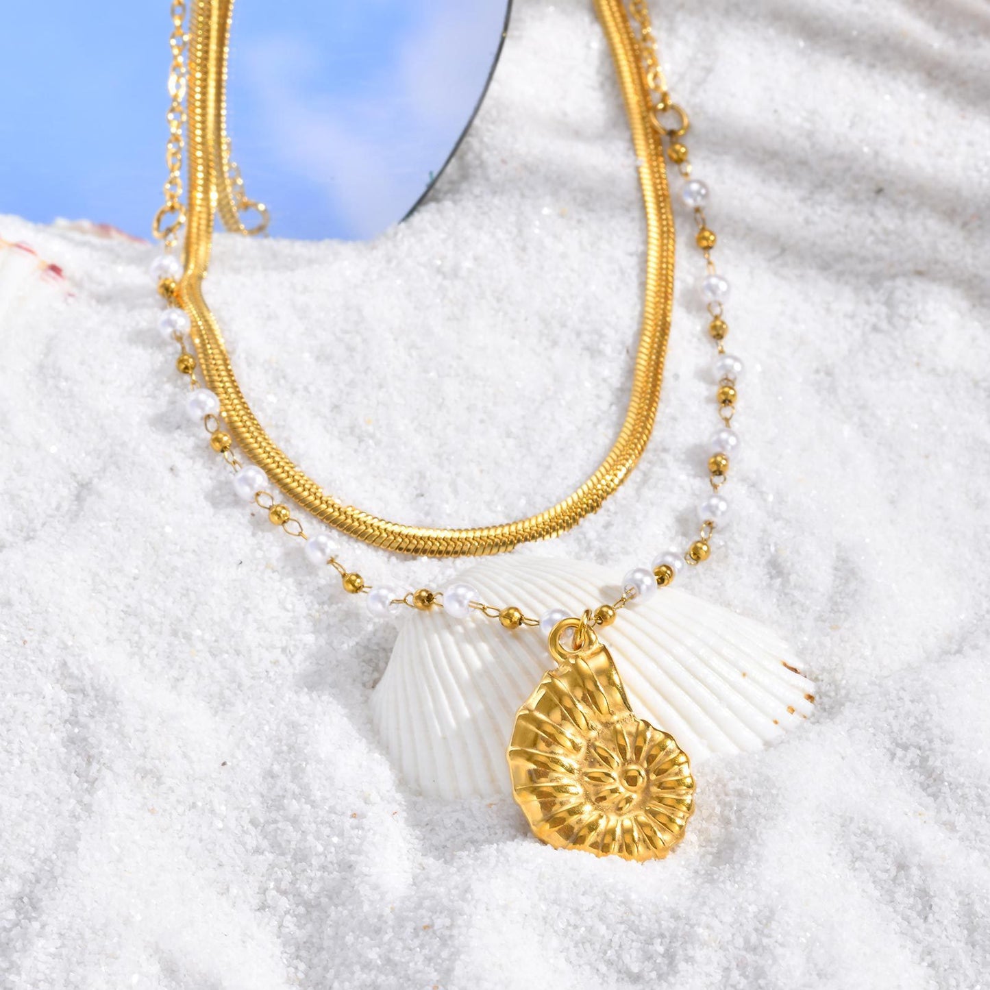 Summer Seaside Vacation Leisure Ocean Wind Stainless Steel Conch Double Layer Stacked Necklace