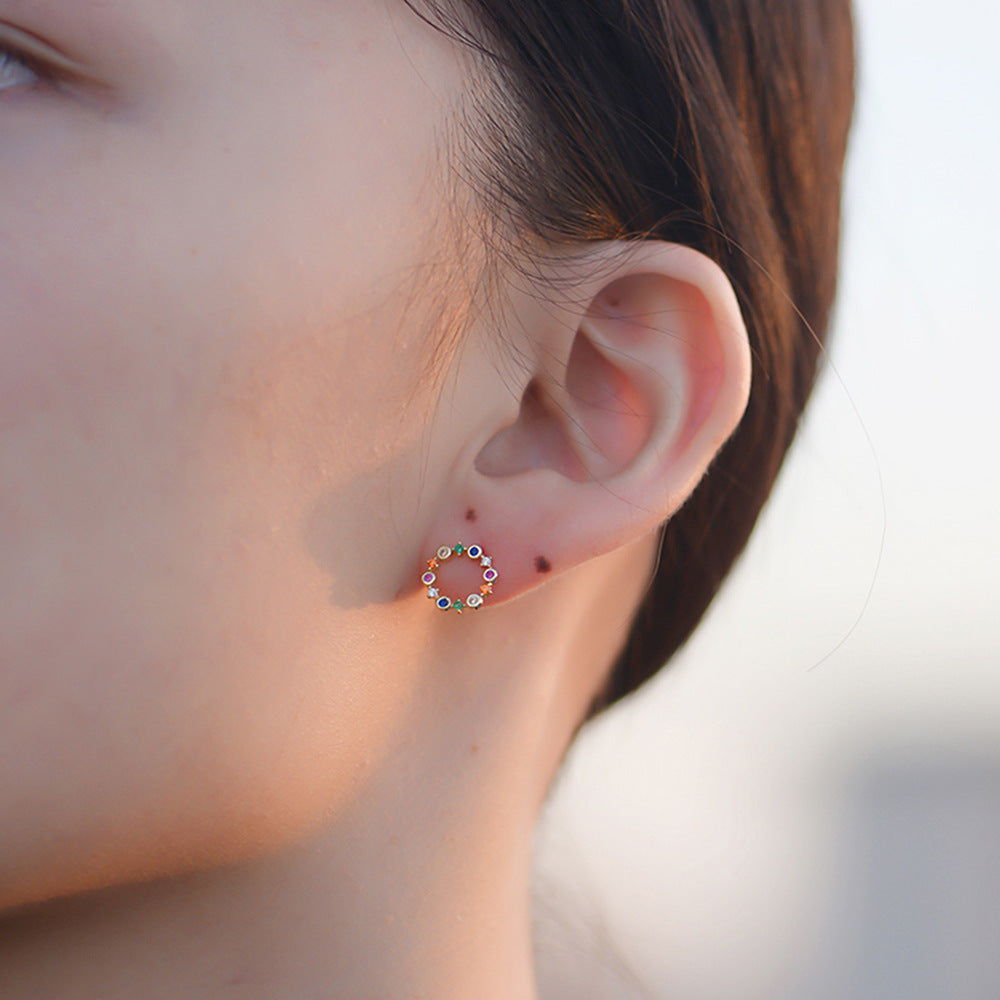 Color Zircon Hollow Circle Stud Earrings 925 Sterling Silver Retro Zircon Rainbow Earrings