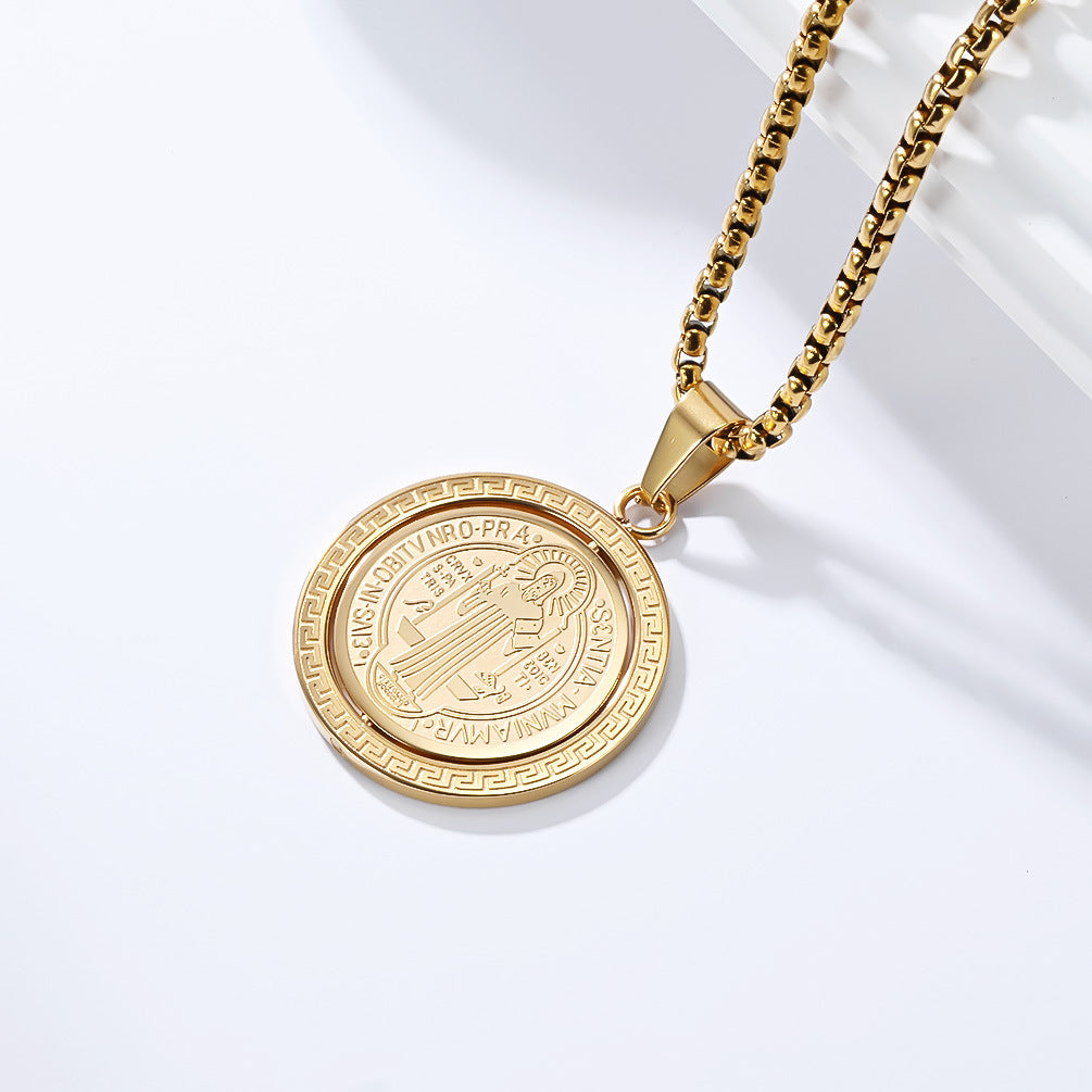 Planderful Saint Benedict Necklace For Men Rotatable Double Sided Stainless Steel Pendant Chain