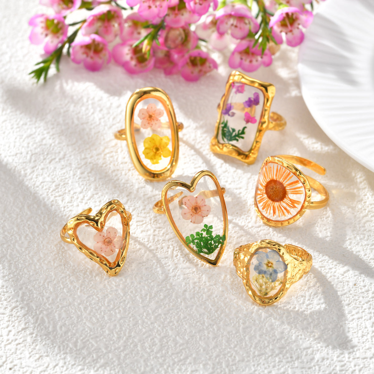 Stainless Steel Handmade Dried Flower Ring Women's Design Sense Round Heart-Shaped Glue