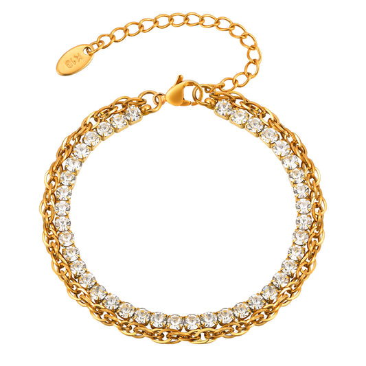 Stainless Steel Gold Braided Twist Twist Chain White Zircon Double Layer Bracelet
