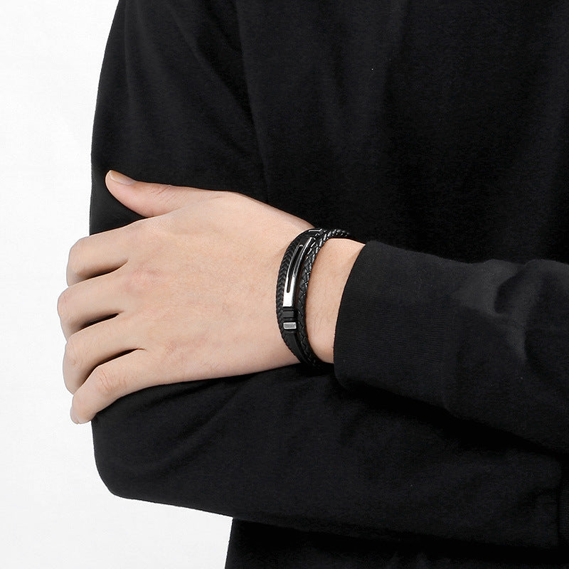 Multi-Layer Leather Rope Bracelet – Black Woven Leather Layered Stainless Steel