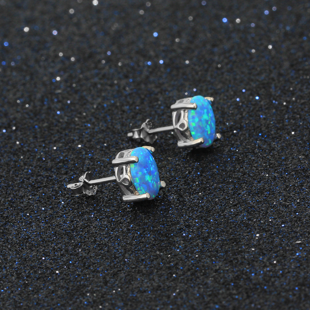 Planderful Jewelry S925 Silver Opal Stud Earrings Four Claw Oval Blue Opal Elegant Everyday Genie