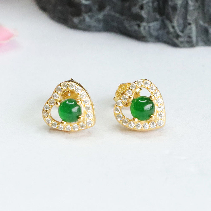 Icy Green Jadeite Heart 925 Silver Stud Earrings