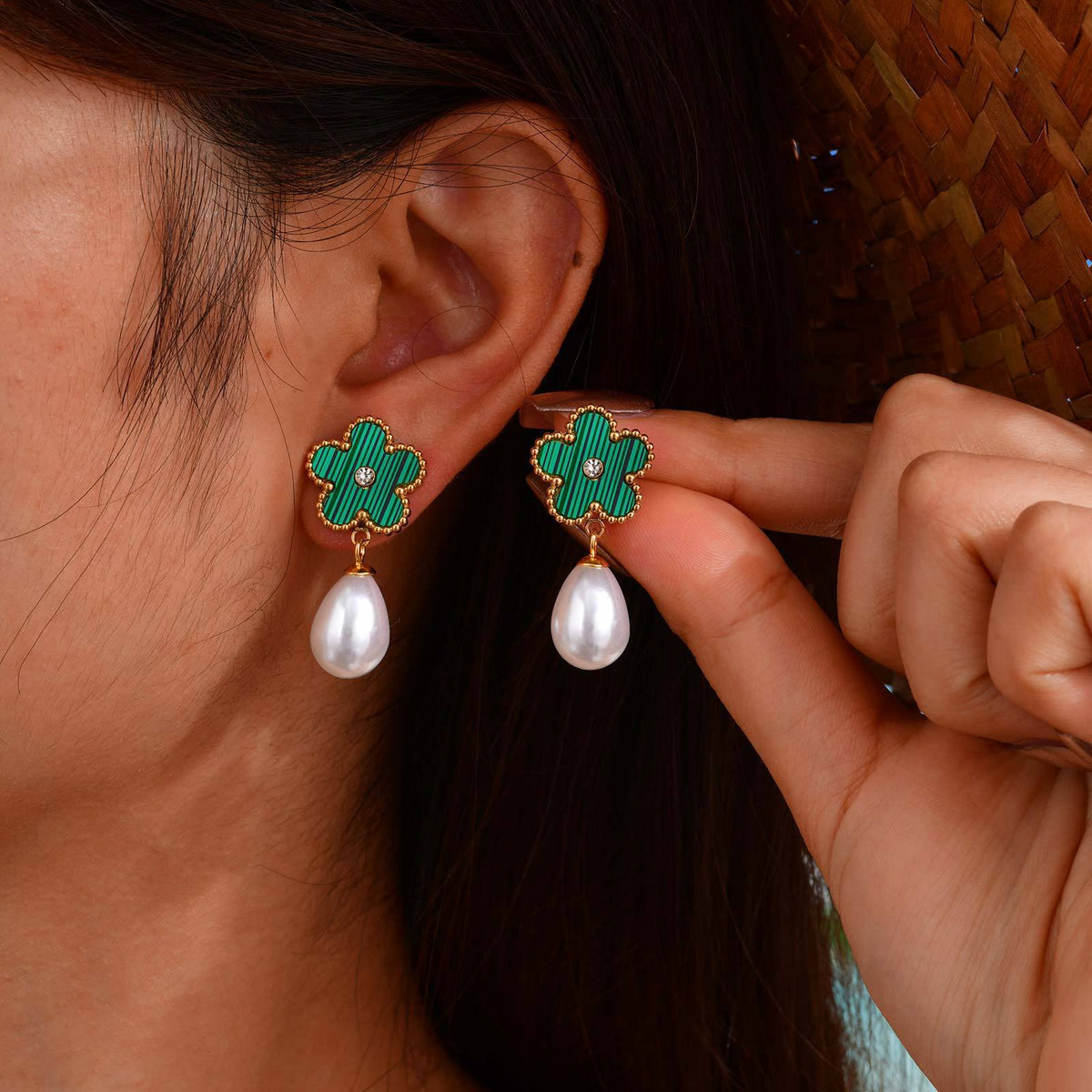 Stainless Steel Zircon Pearl Floral Earrings
