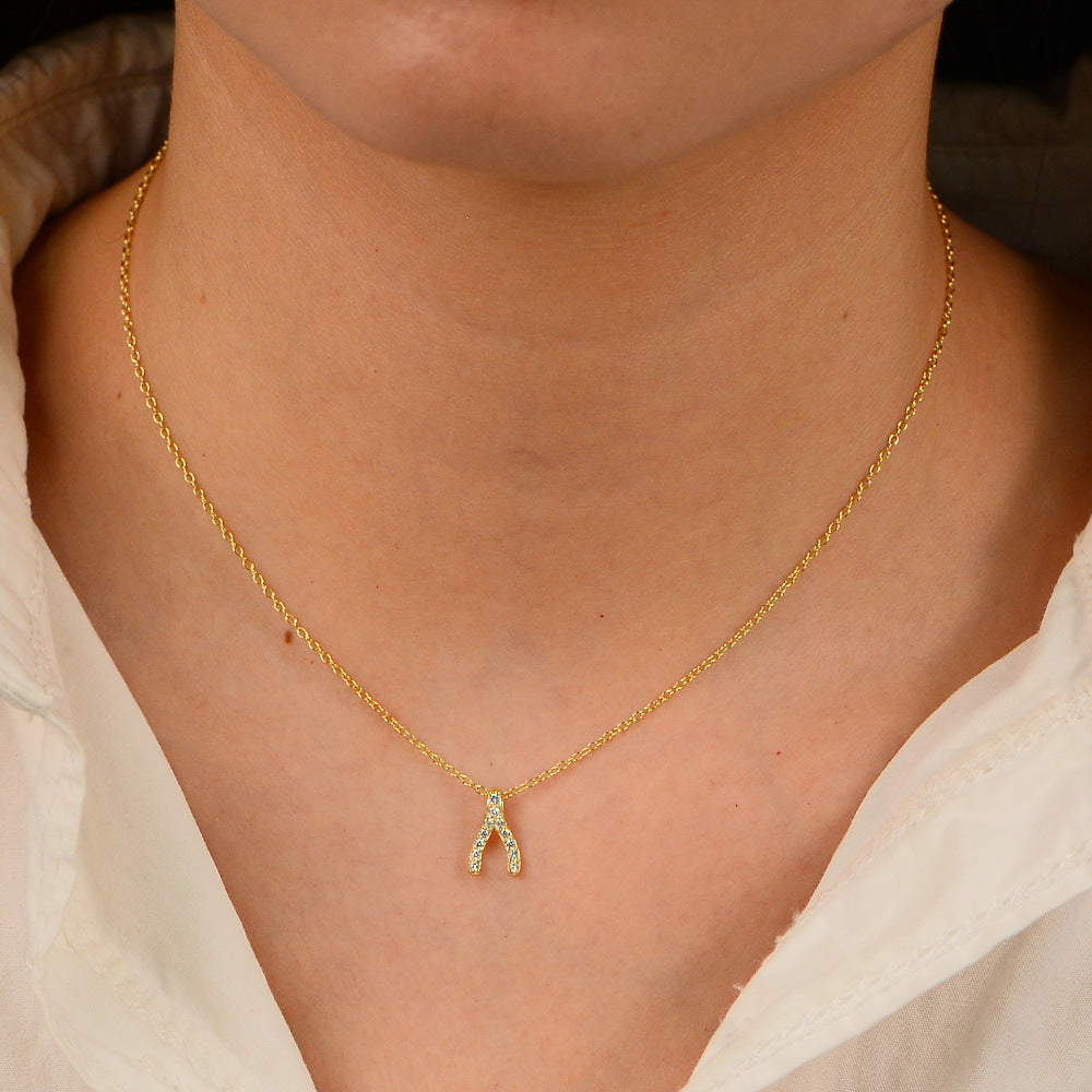 Korean Version Inlaid Zircon Necklace Geometric Herringbone Pendant S925 Sterling Silver Wishing Bone Women