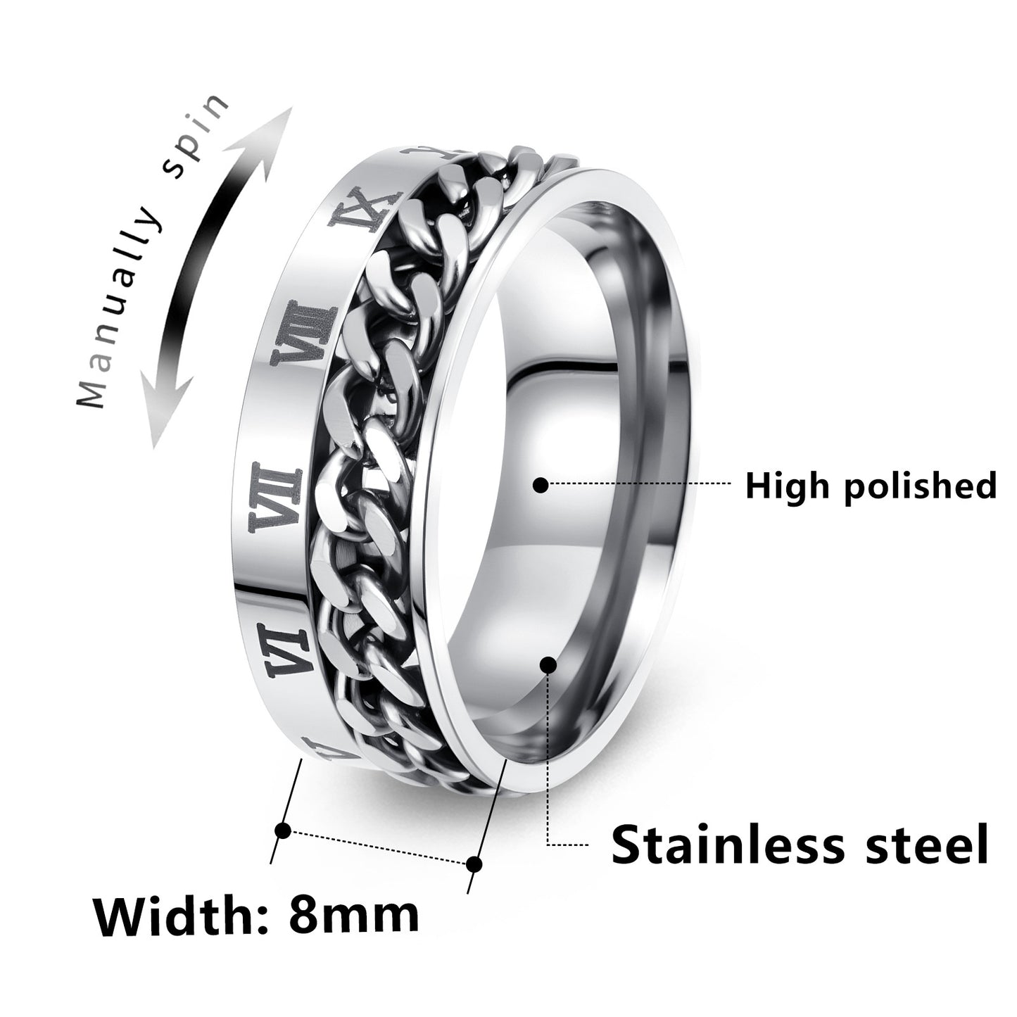 Planderful Everyday Genie Titanium Steel Ring Rotatable Chain Decompression Unisex Roman Numerals Jewelry Size 7 13
