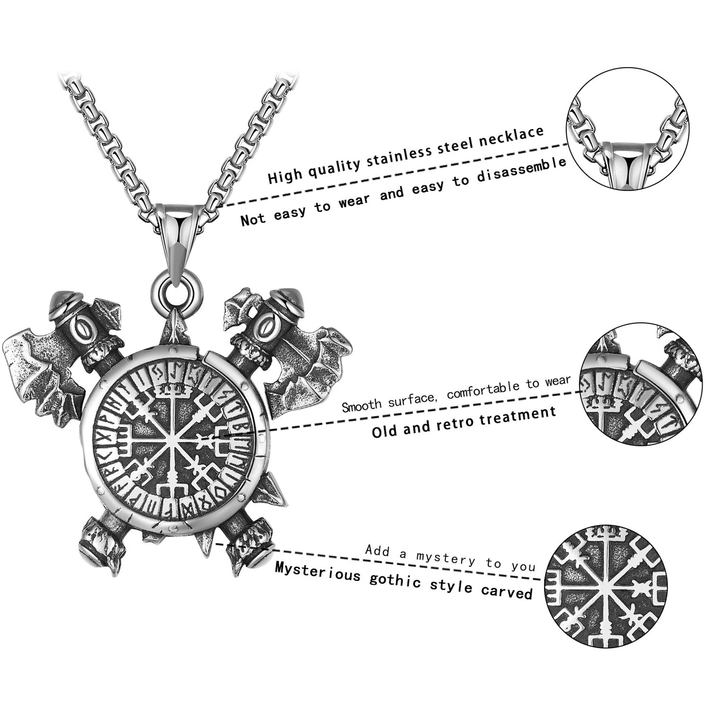 Steel Necklace – Statement Odin Viking Pendant Featuring Runic Shield And Axe Motif