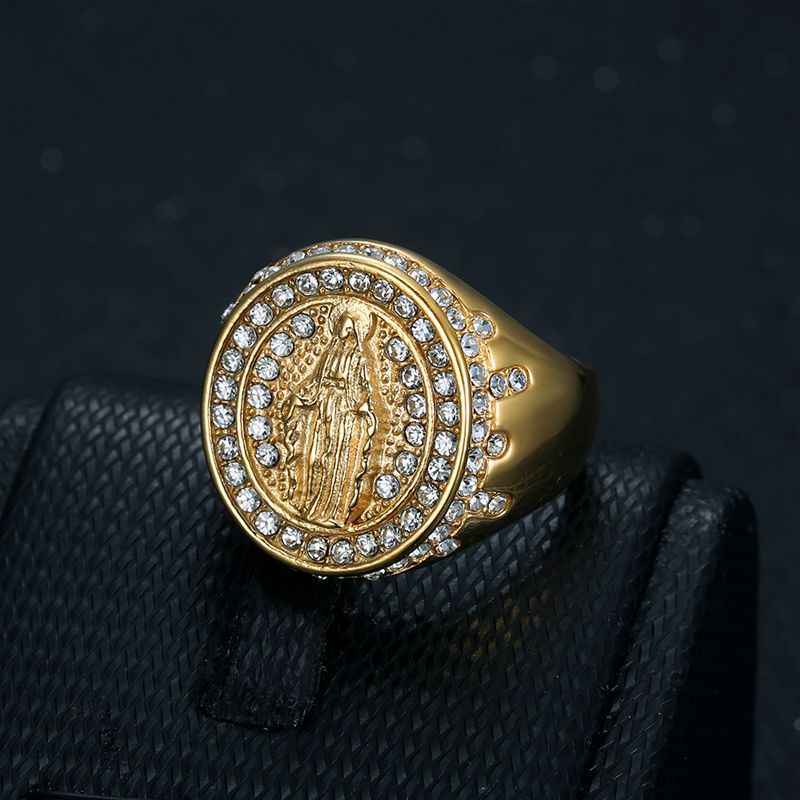 Planderful Virgin Mary Ring For Men Stainless Steel Gold Plated Zircon Hip Hop Jewelry