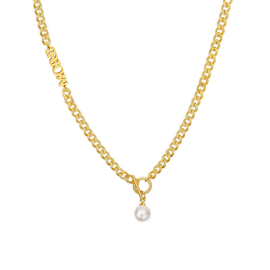 Elegant Pearl Pendant Necklace in Gold Plated Titanium Steel - Stylish Lock Chain Jewelry