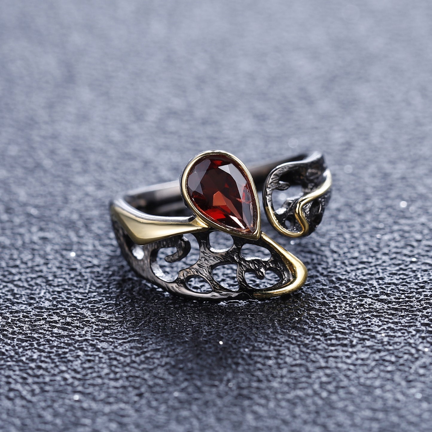 Vintage Style Water Droplet Natural Gemstone Opening Silver Ring