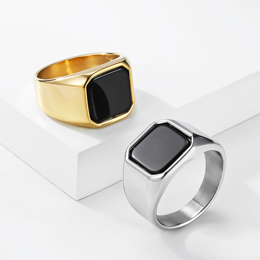 Planderful Mens Titanium Steel Ring Black Gemstone Geometric Square Design Premium