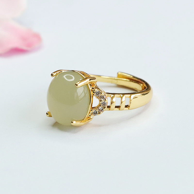 Elegant Sterling Silver Ring with Natural Hetian Jade and Zircon Embellishments