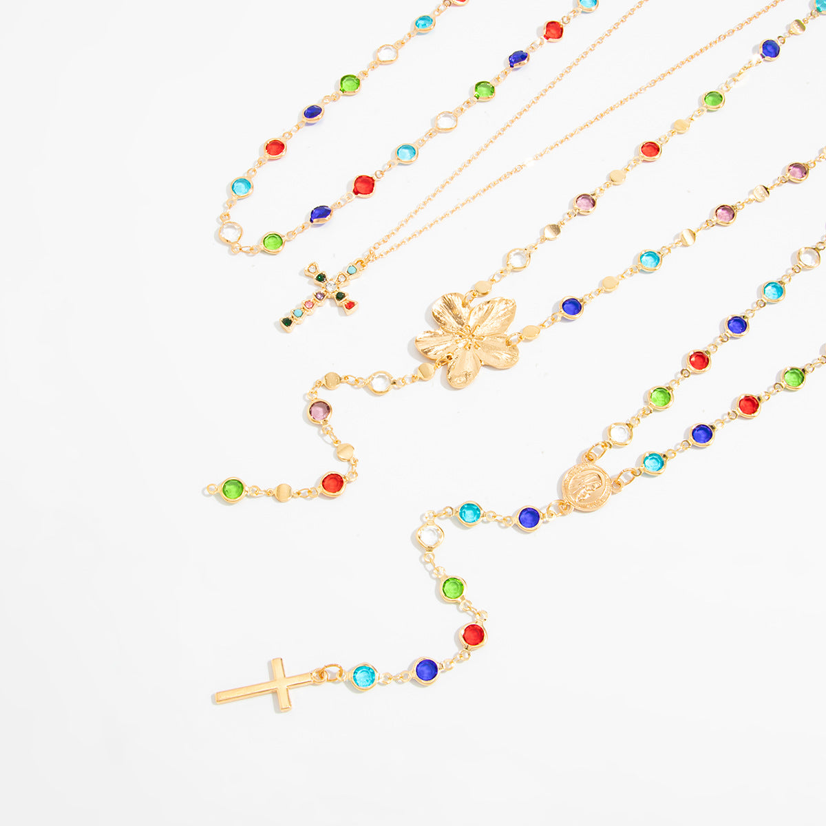 Flower, Crystal & Cross Fringe Necklace