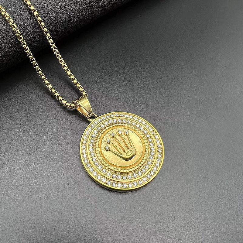 Planderful Premium Hip Hop Necklace Titanium Steel Rhinestone Crown Pendant Three Bead For Men And Women