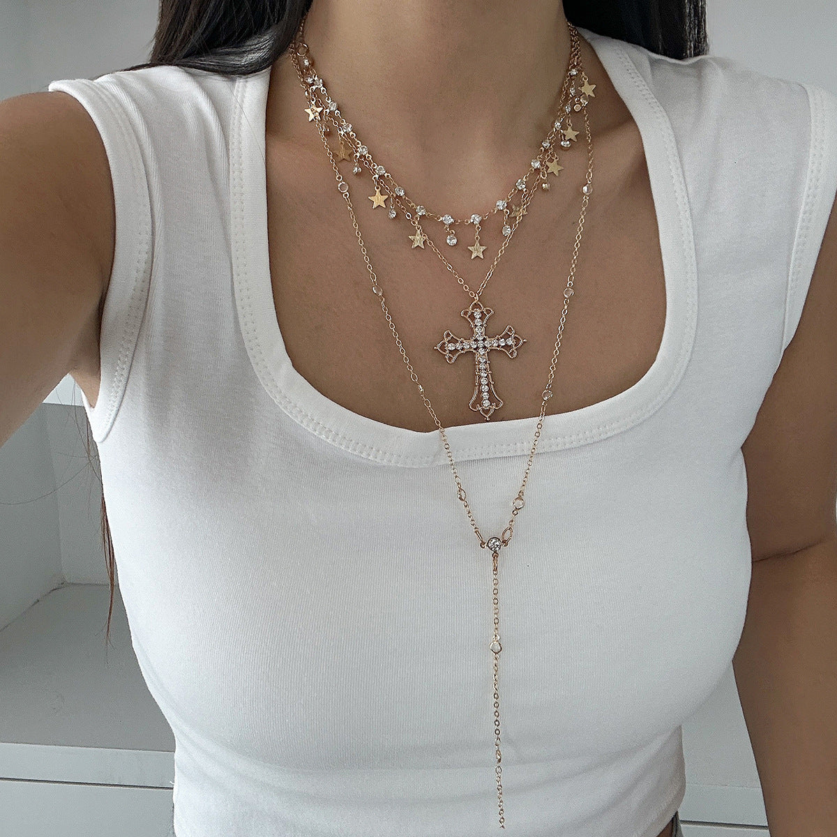 Layered Cross & Star Tassel Long Necklace