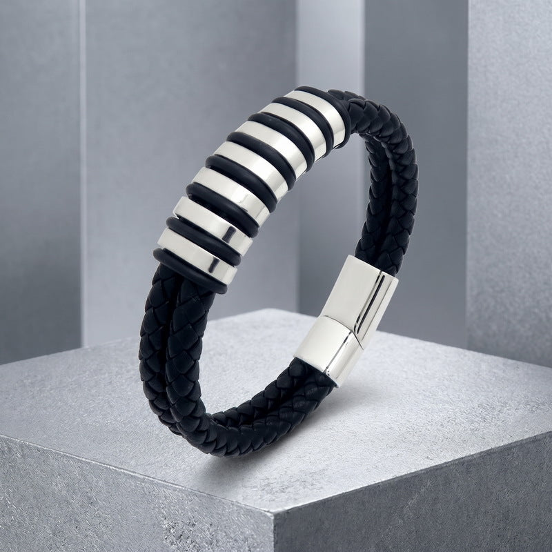 Blue/Black Leather Bracelet Double Layer Braided Microfiber Leather Stainless Steel