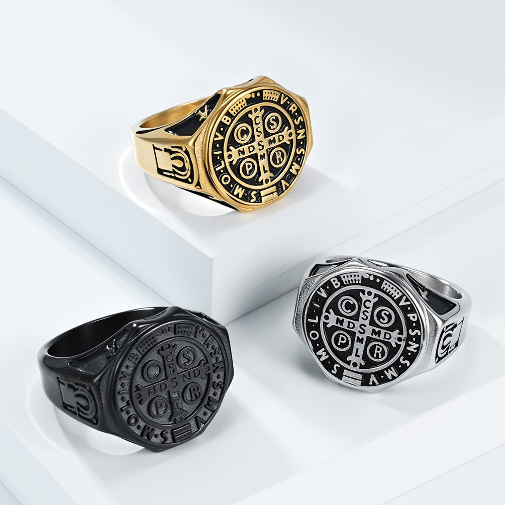 Saint Benedict Exorcist Stainless Steel Ring By Planderful Collection For Men And Unisex Protection Statement Jewelry