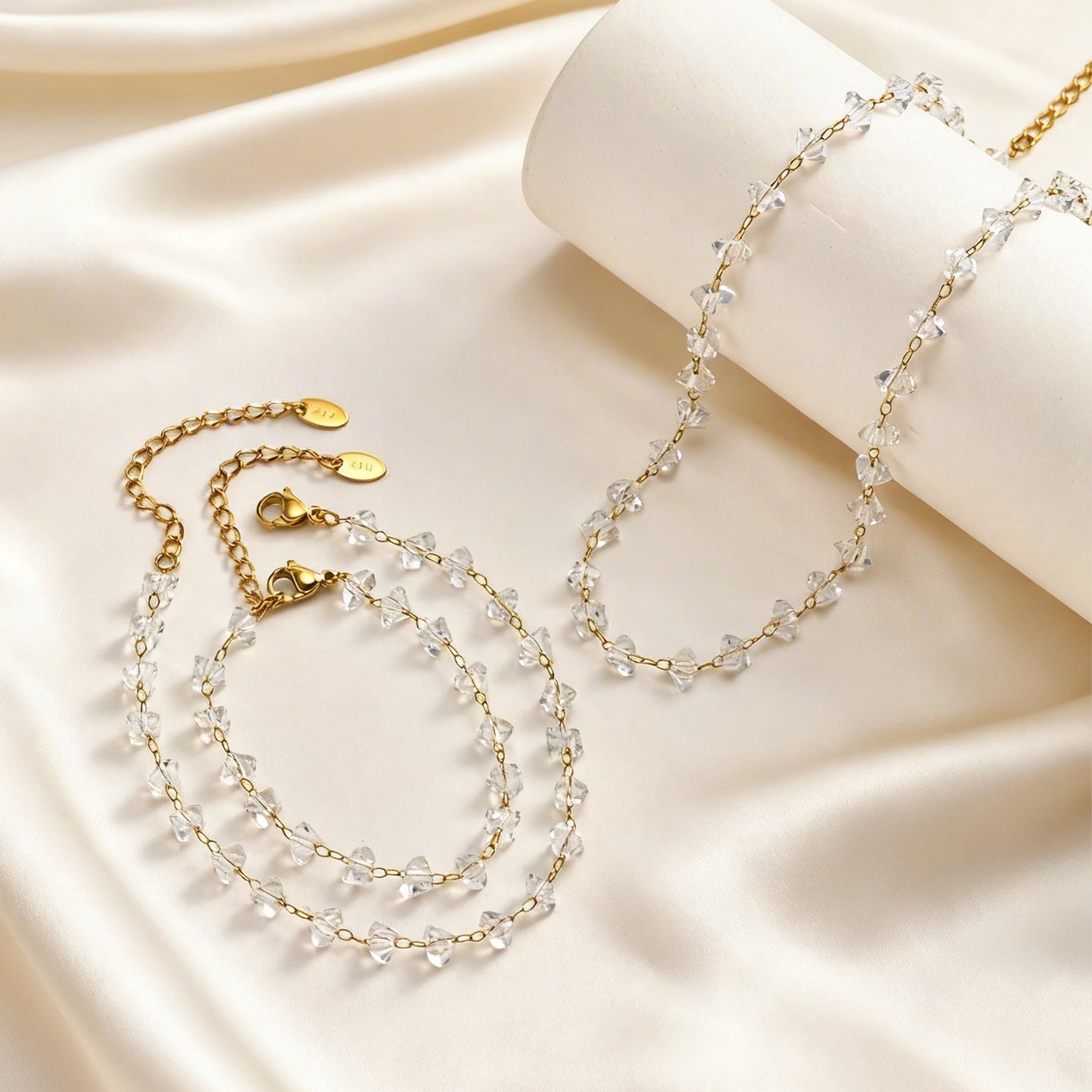 Stainless Steel Irregular Geometric Layered Transparent Bead Necklace Bracelet Anklet